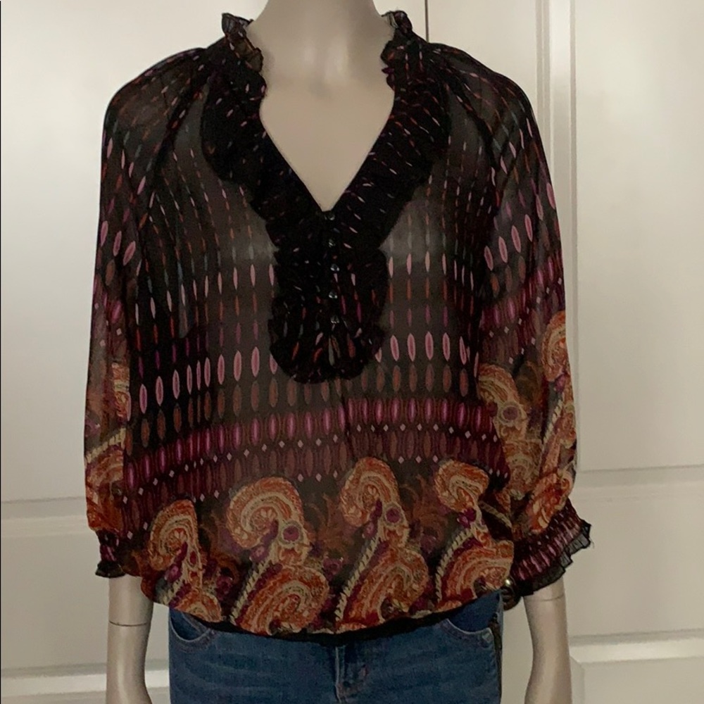 Elena Solano Sheer Elastic Waist Ruffled Blouse